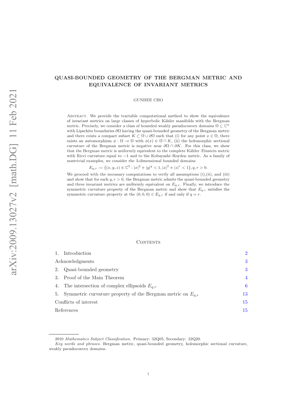 Arxiv:2009.13027V2 [Math.DG] 11 Feb 2021 Ekypedcne Domains