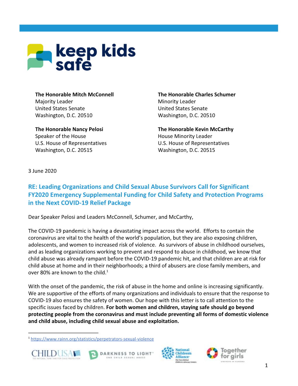 RE: Leading Organizations and Child Sexual Abuse Survivors Call for Significant FY2020 Emergency Supplemental Funding for Child