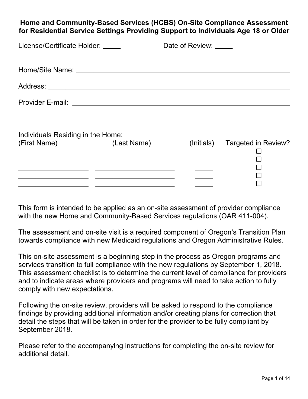 Adults: Adult On-Site Compliance Assessment for Residential Settings