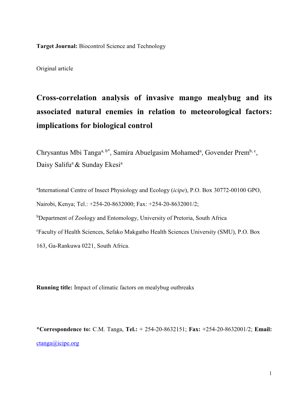 Cross-Correlation Analysis of Invasive Mango Mealybug and Its Associated Natural Enemies in Relation to Meteorological Factors: Implications for Biological Control