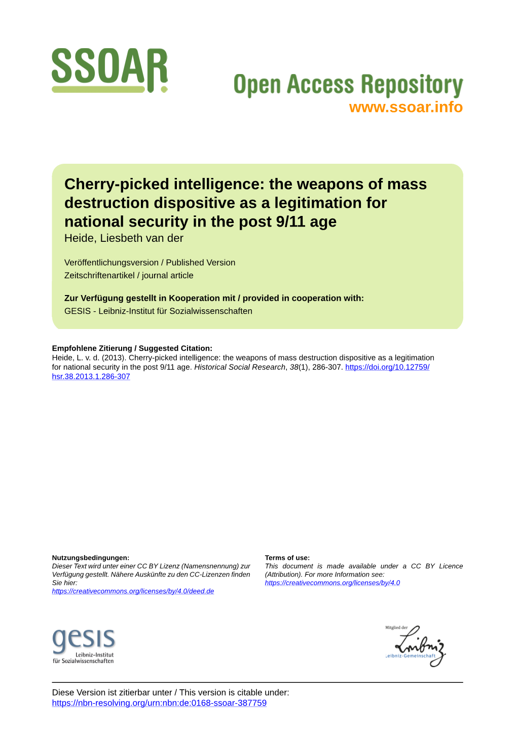 The Weapons of Mass Destruction Dispositive As a Legitimation for National Security in the Post 9/11 Age Heide, Liesbeth Van Der