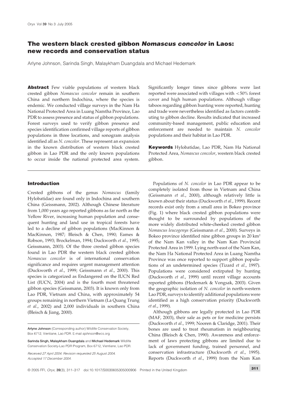 The Western Black Crested Gibbon Nomascus Concolor in Laos: New Records and Conservation Status