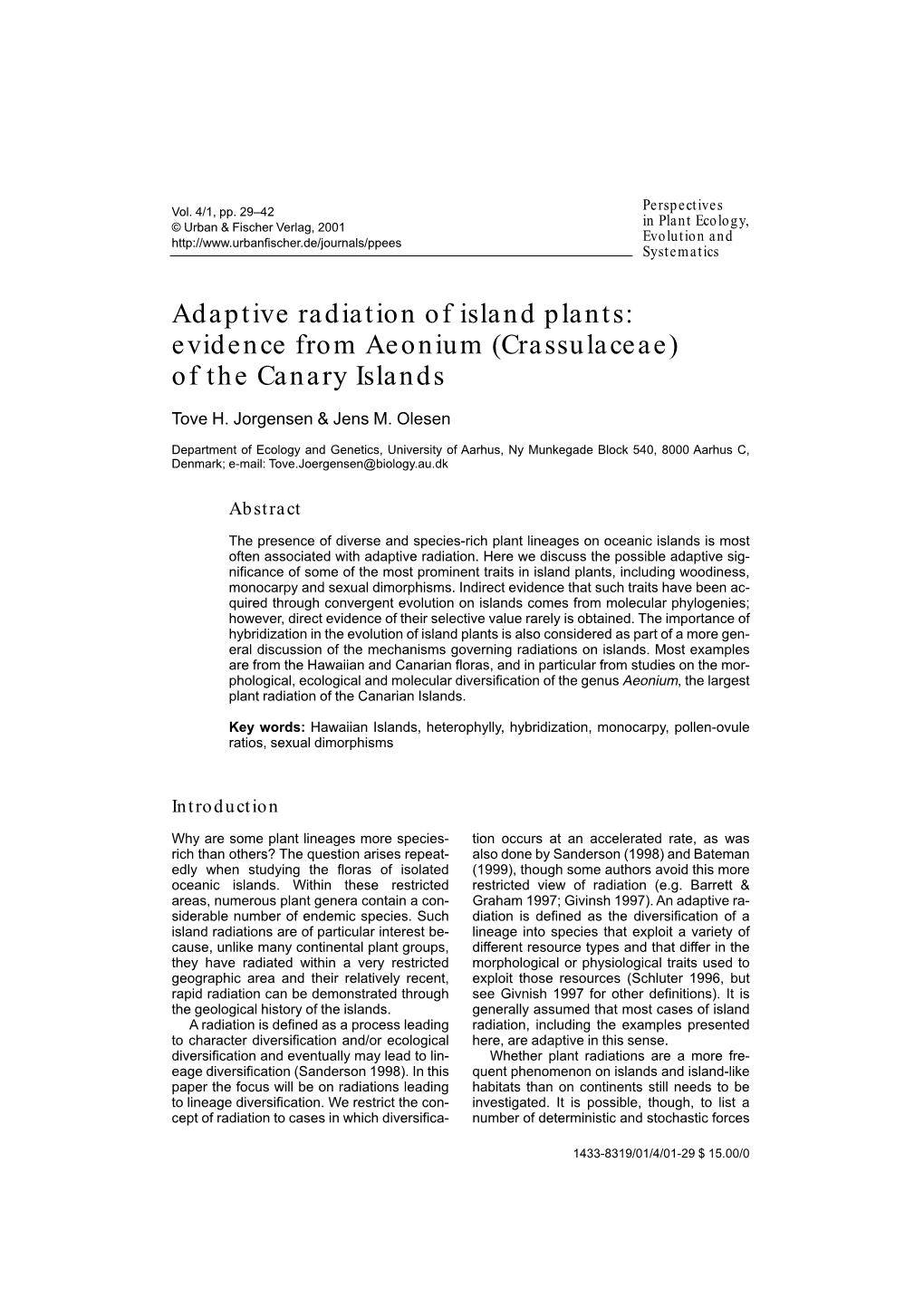 Adaptive Radiation of Island Plants: Evidence from Aeonium (Crassulaceae) of the Canary Islands