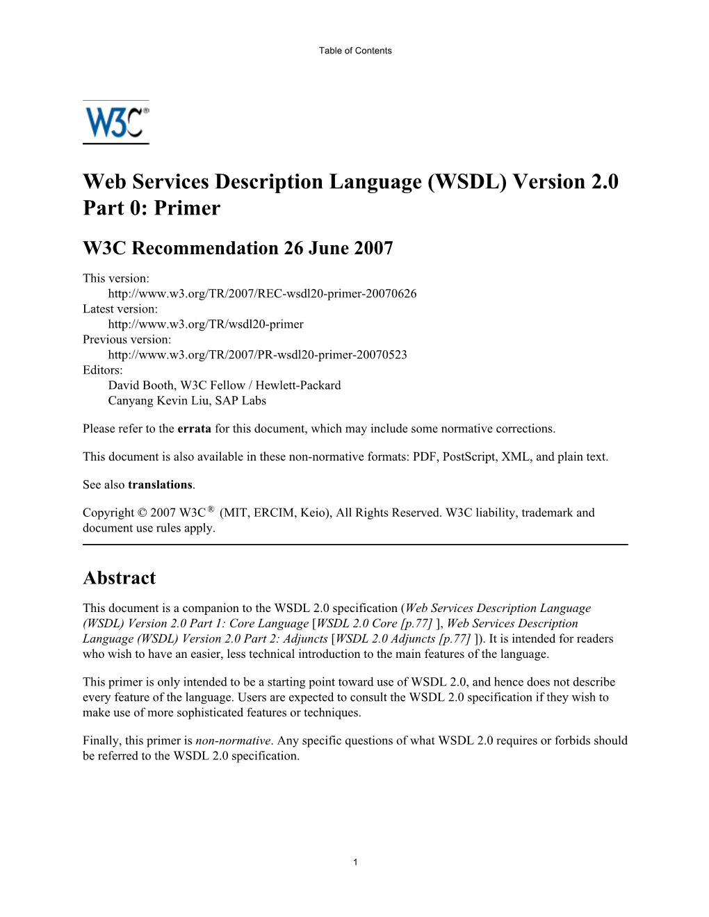 Web Services Description Language †WSDL‡ Version 2.0 Part 0: Primer