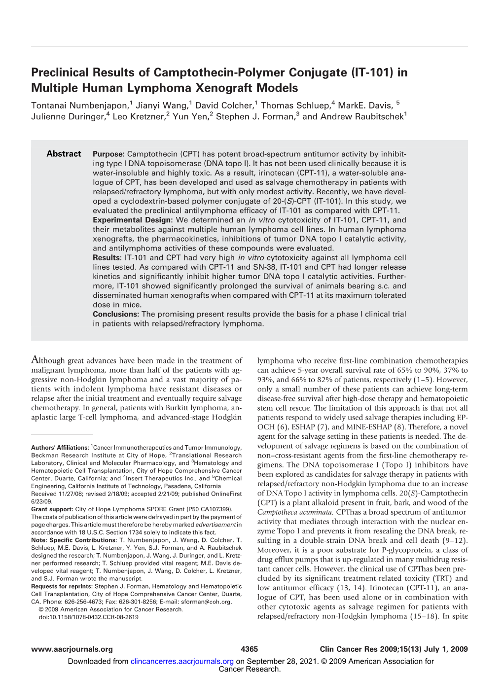 In Multiple Human Lymphoma Xenograft Models Tontanai Numbenjapon,1 Jianyi Wang,1 David Colcher,1 Thomas Schluep,4 Marke