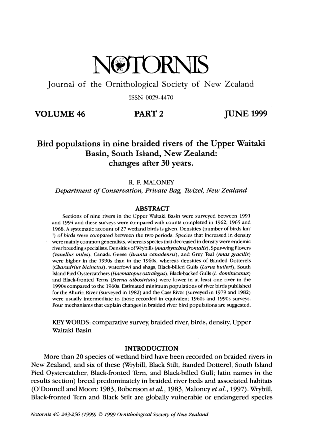 Bird Populations in Nine Braided Rivers of the Upper Waitaki Basin, South Island, New Zealand: Changes After 30 Years