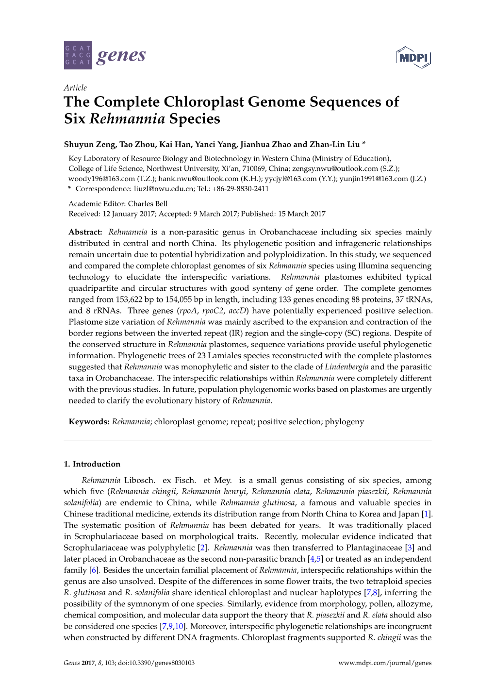 The Complete Chloroplast Genome Sequences of Six Rehmannia Species