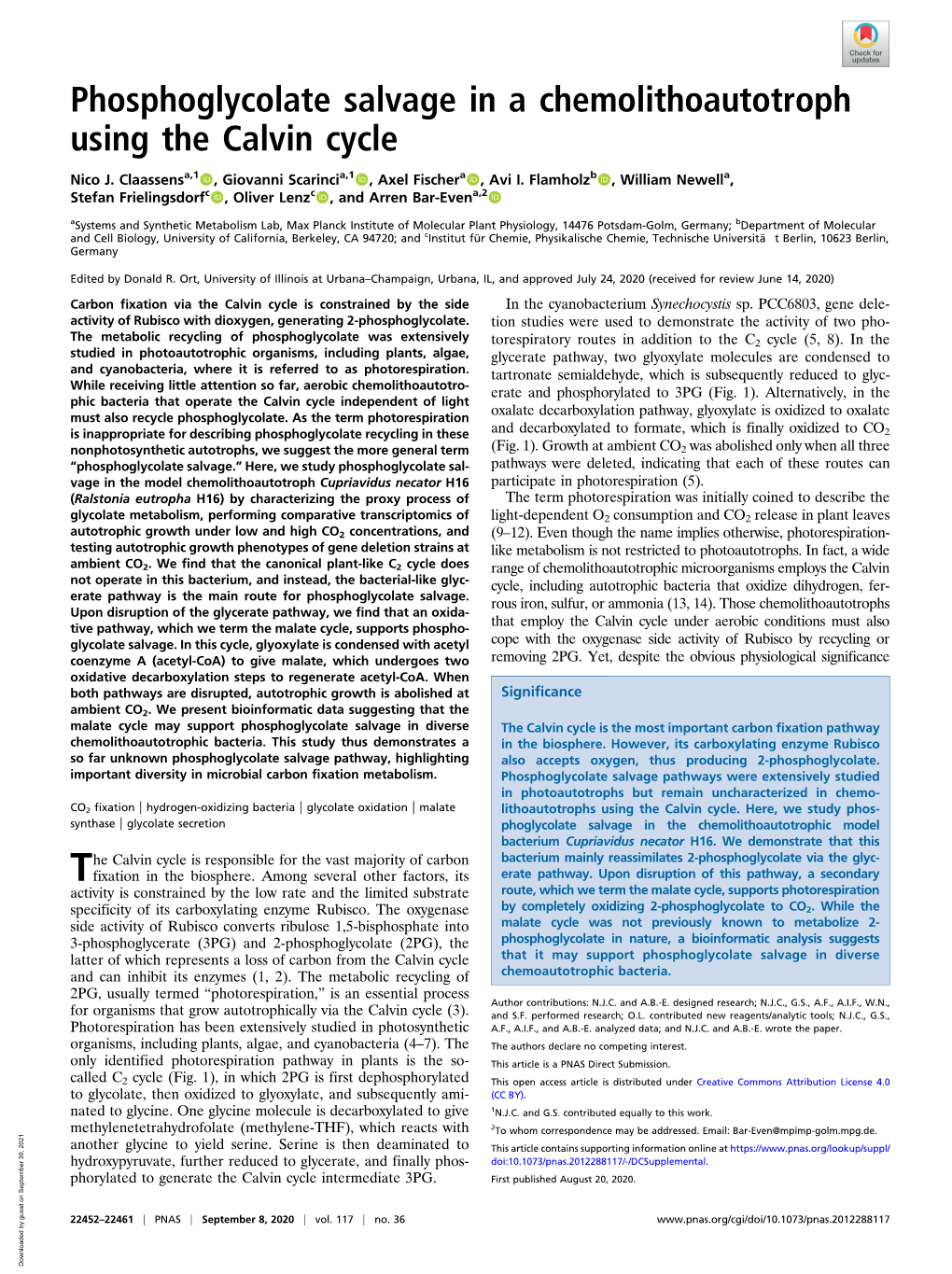 Phosphoglycolate Salvage in a Chemolithoautotroph Using the Calvin Cycle