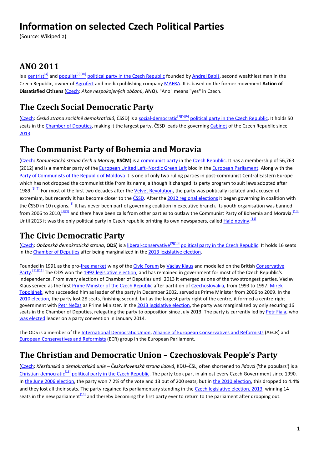 Information on Selected Czech Political Parties (Pdf)