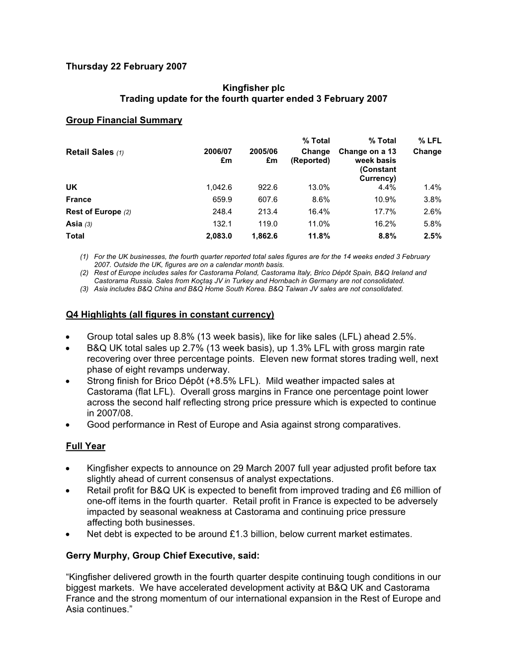 Kingfisher Plc Trading Update for the Fourth Quarter Ended 3 February 2007