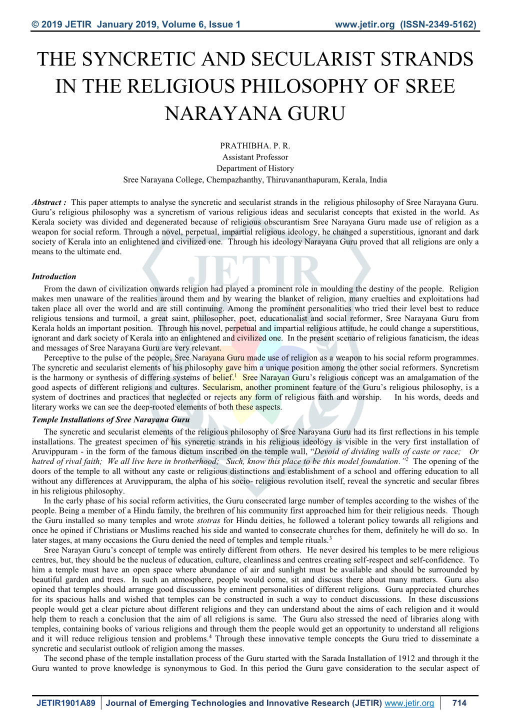 The Syncretic and Secularist Strands in the Religious Philosophy of Sree Narayana Guru