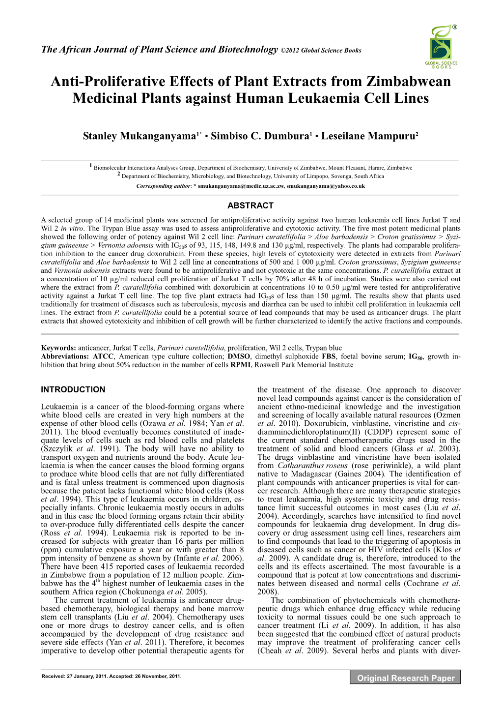 Anti-Proliferative Effects of Plant Extracts from Zimbabwean Medicinal Plants Against Human Leukaemia Cell Lines