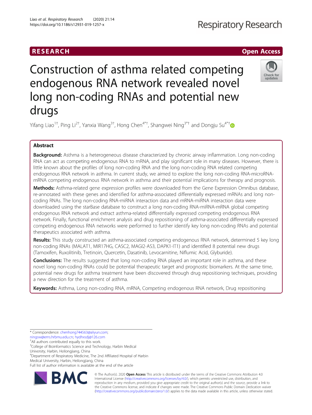 Construction of Asthma Related Competing Endogenous RNA Network Revealed Novel Long Non-Coding Rnas and Potential New Drugs