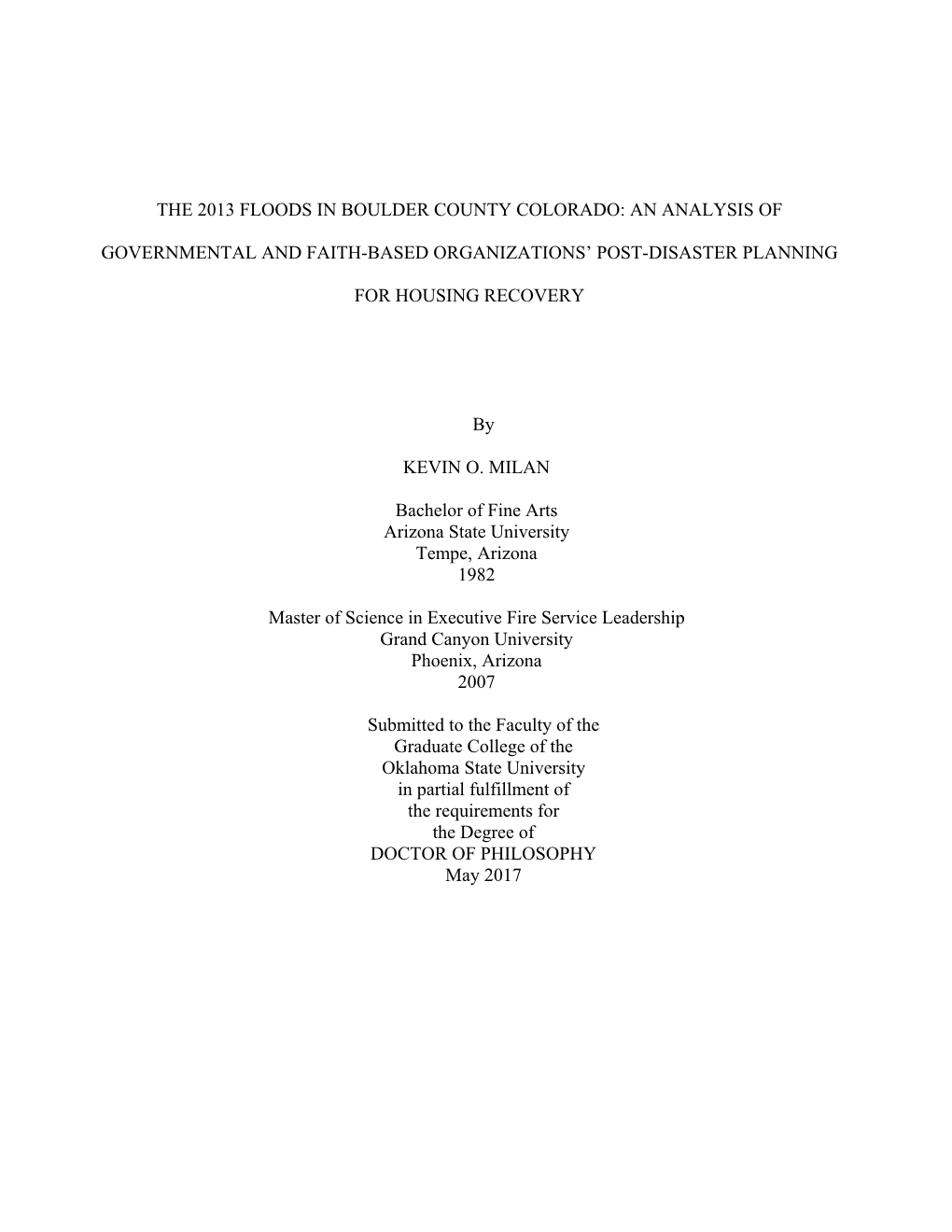 The 2013 Floods in Boulder County Colorado: an Analysis of Governmental and Faith-Based Organizations' Post-Disaster Planning