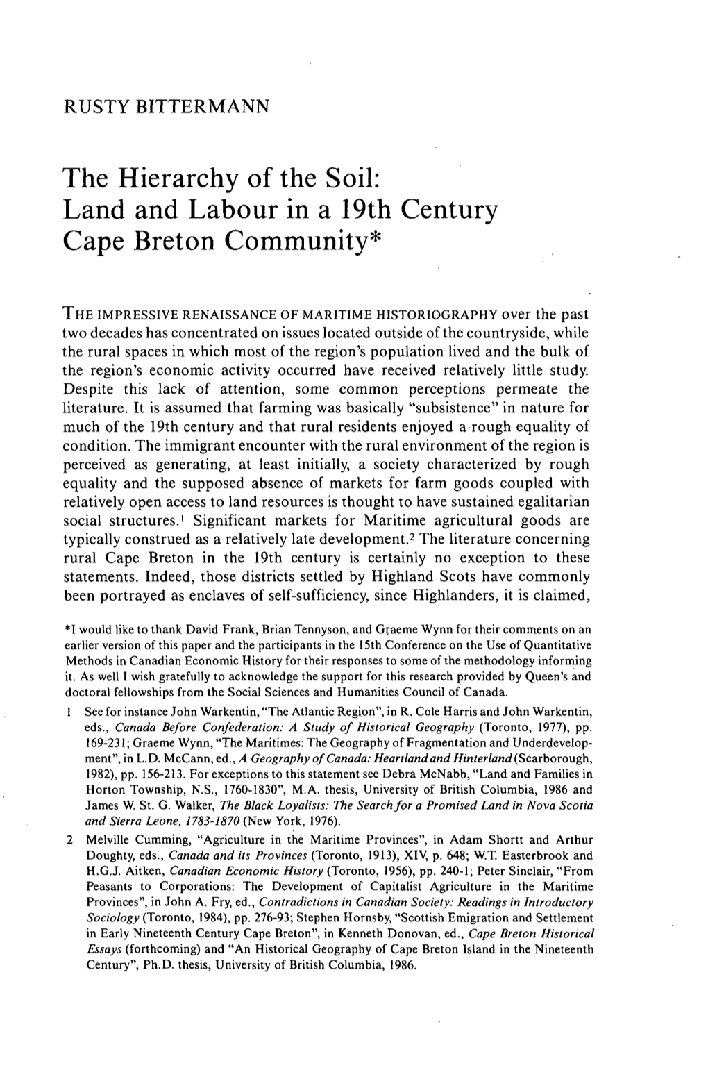 Land and Labour in a 19Th Century Cape Breton Community*