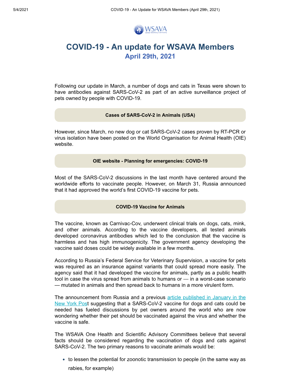 COVID-19 - an Update for WSAVA Members (April 29Th, 2021)