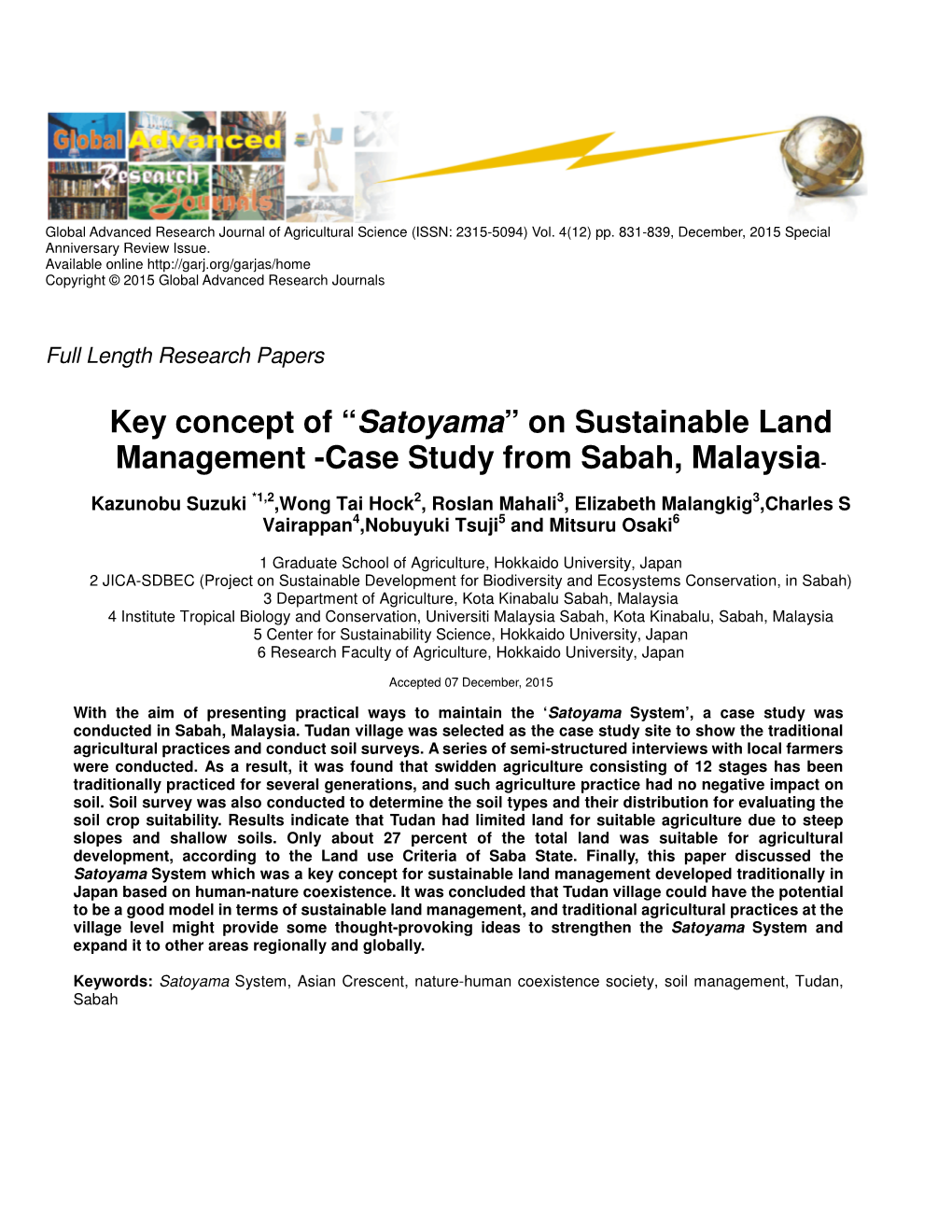 On Sustainable Land Management -Case Study from Sabah, Malaysia