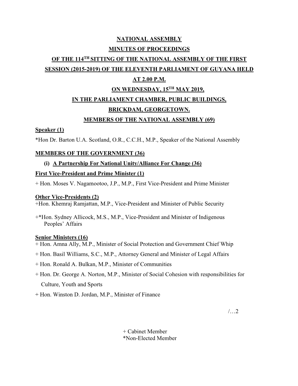 National Assembly Minutes of Proceedings of the 114Th Sitting of the National Assembly of the First Session (2015-2019) of the E
