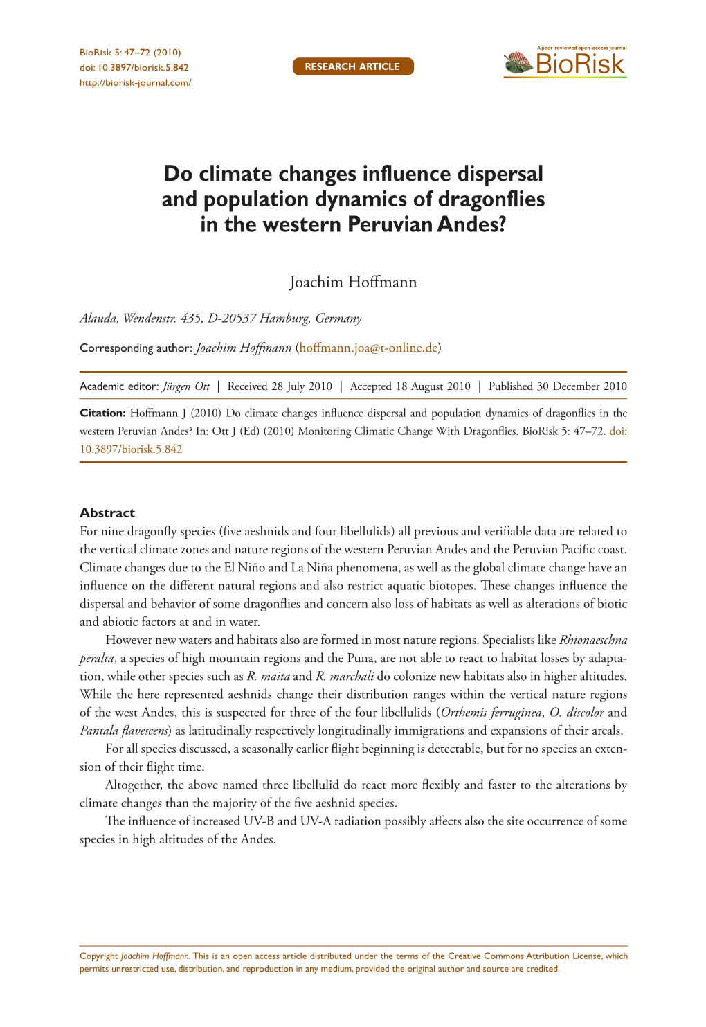 Do Climate Changes Influence Dispersal and Population Dynamics of Dragonflies in the Western Peruvian Andes?