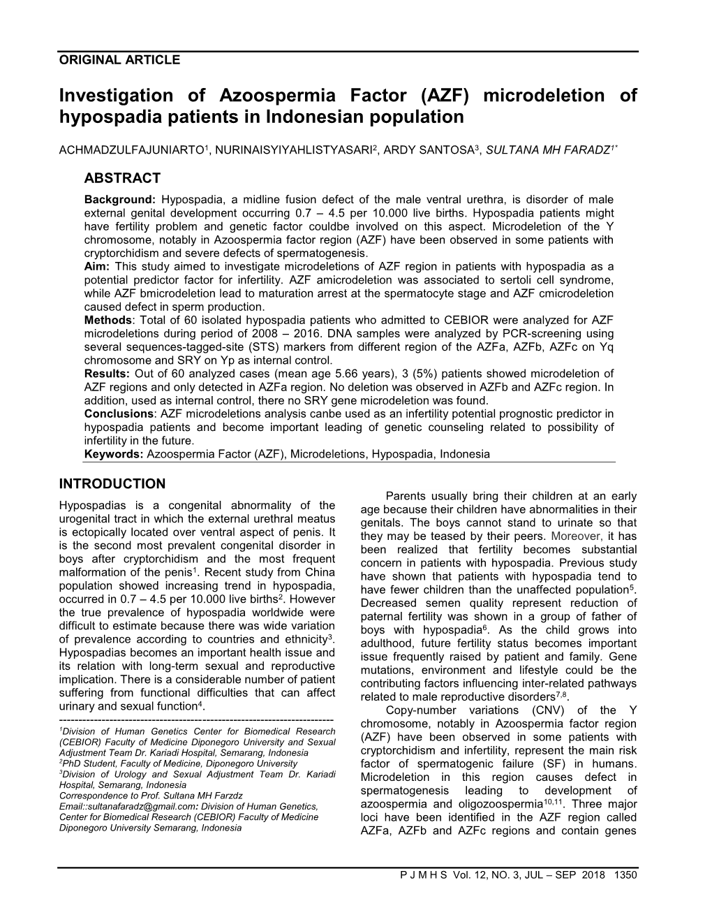 (AZF) Microdeletion of Hypospadia Patients in Indonesian Population