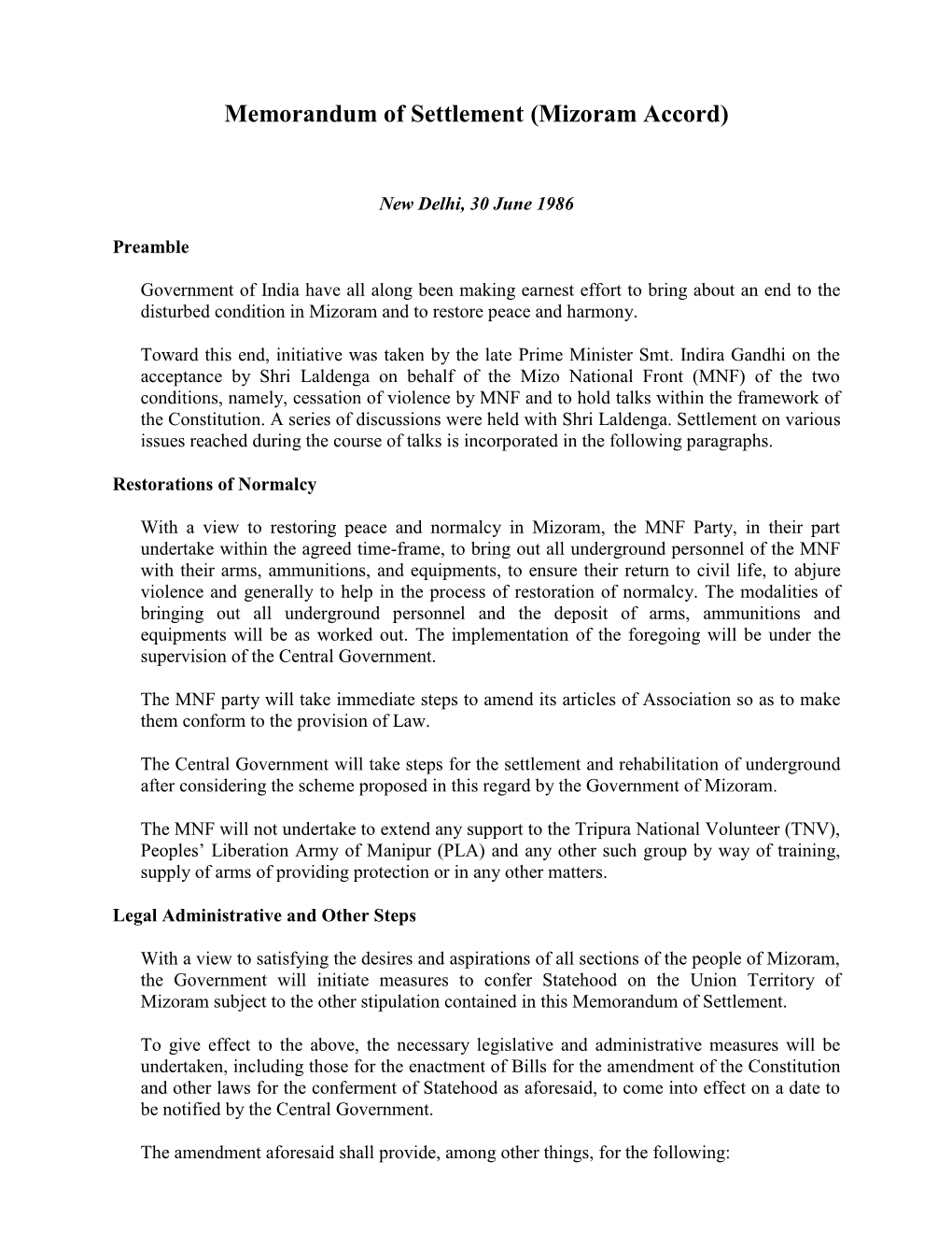 Memorandum of Settlement (Mizoram Accord)