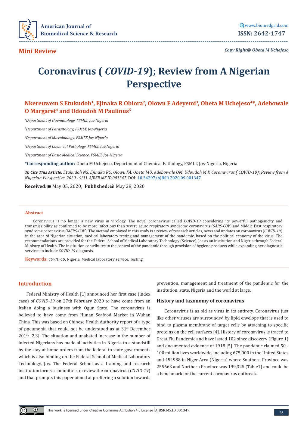 Coronavirus (Covid-19); Review from a Nigerian Perspective