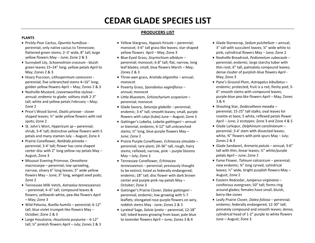 Cedar Glade Species List