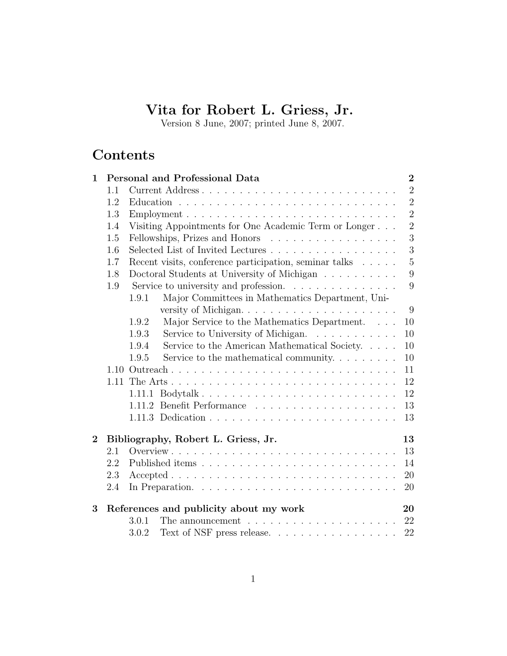 Vita for Robert L. Griess, Jr. Contents