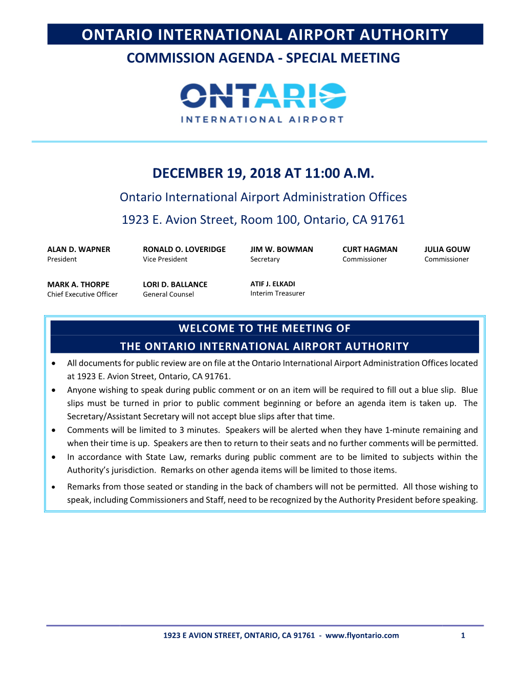 Ontario International Airport Authority Commission Agenda - Special Meeting