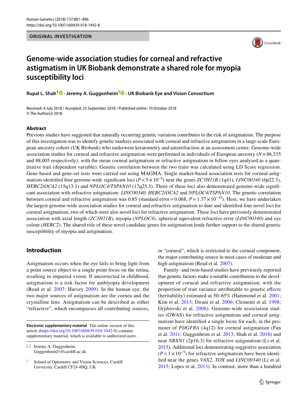 Genome-Wide Association Studies for Corneal and Refractive Astigmatism in UK Biobank Demonstrate a Shared Role for Myopia Susceptibility Loci