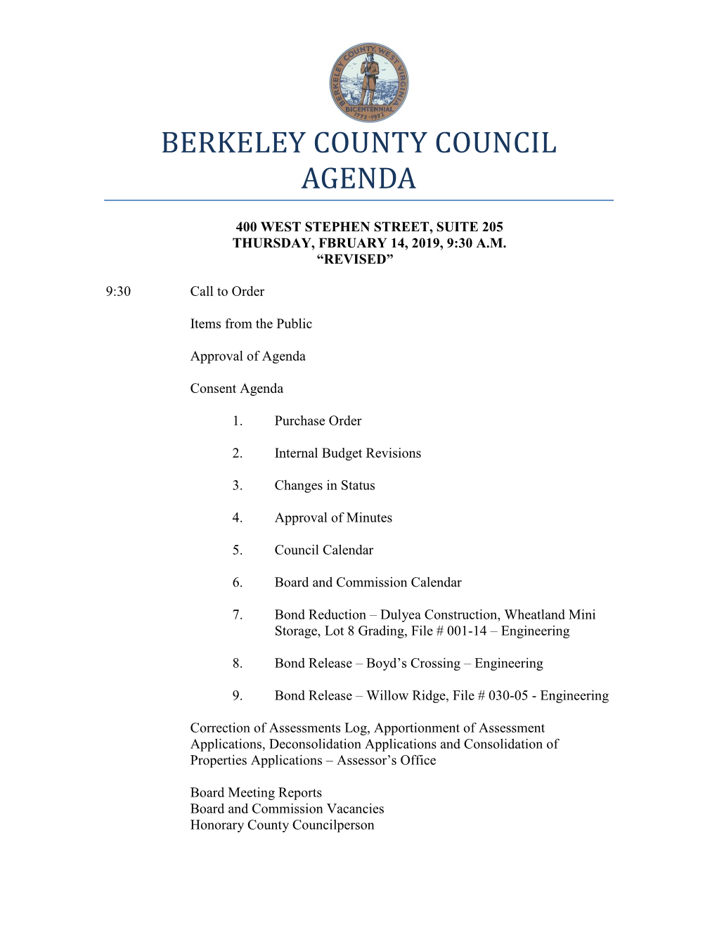 Berkeley County Council Agenda