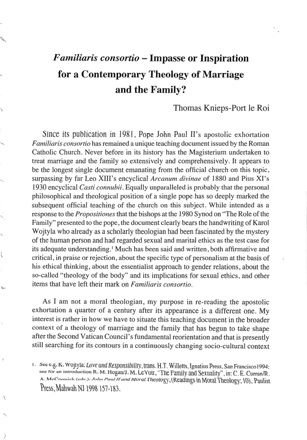 Familiaris Consortio - Impasse Or Inspiration for a Contemporary Theology of Marriage and the Family?