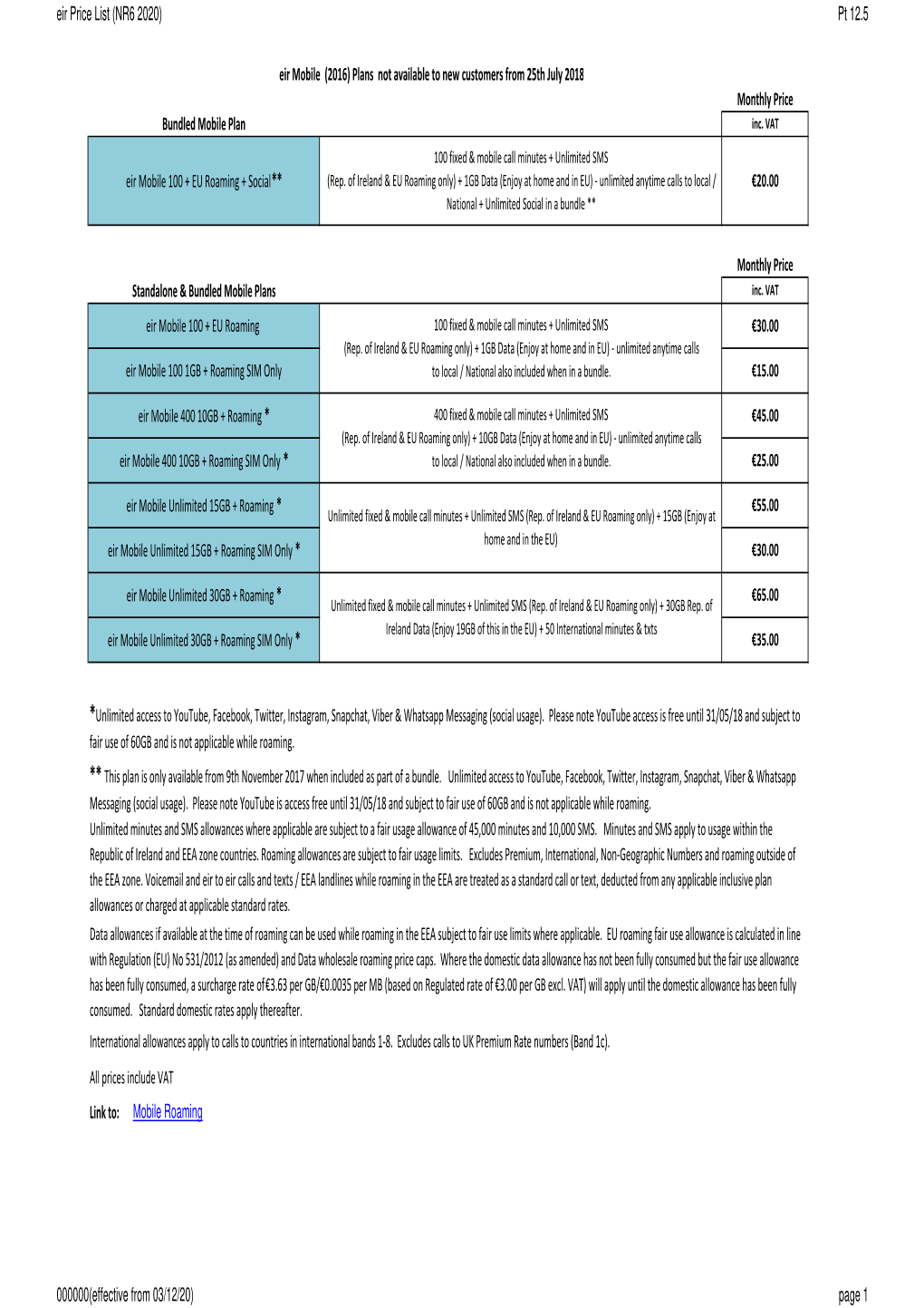 Eir Price List (NR6 2020) Pt 12.5 Link To: Mobile Roaming Eir Mobile