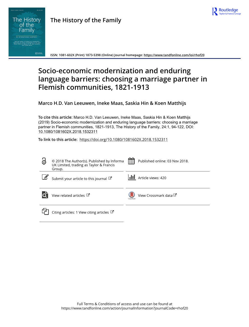 Socio-Economic Modernization and Enduring Language Barriers: Choosing a Marriage Partner in Flemish Communities, 1821-1913