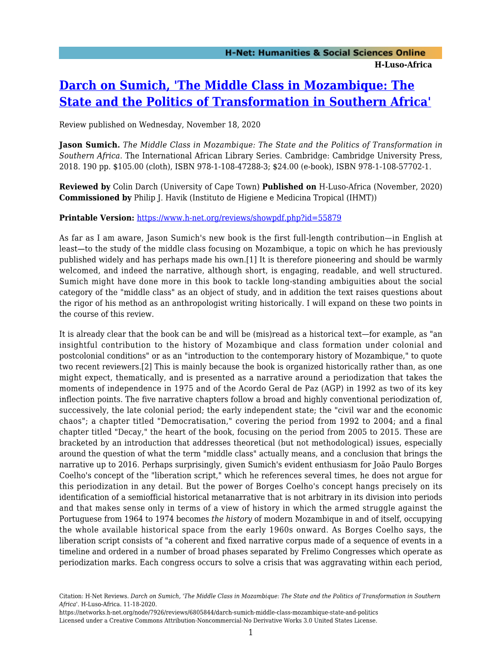 Darch on Sumich, 'The Middle Class in Mozambique: the State and the Politics of Transformation in Southern Africa'