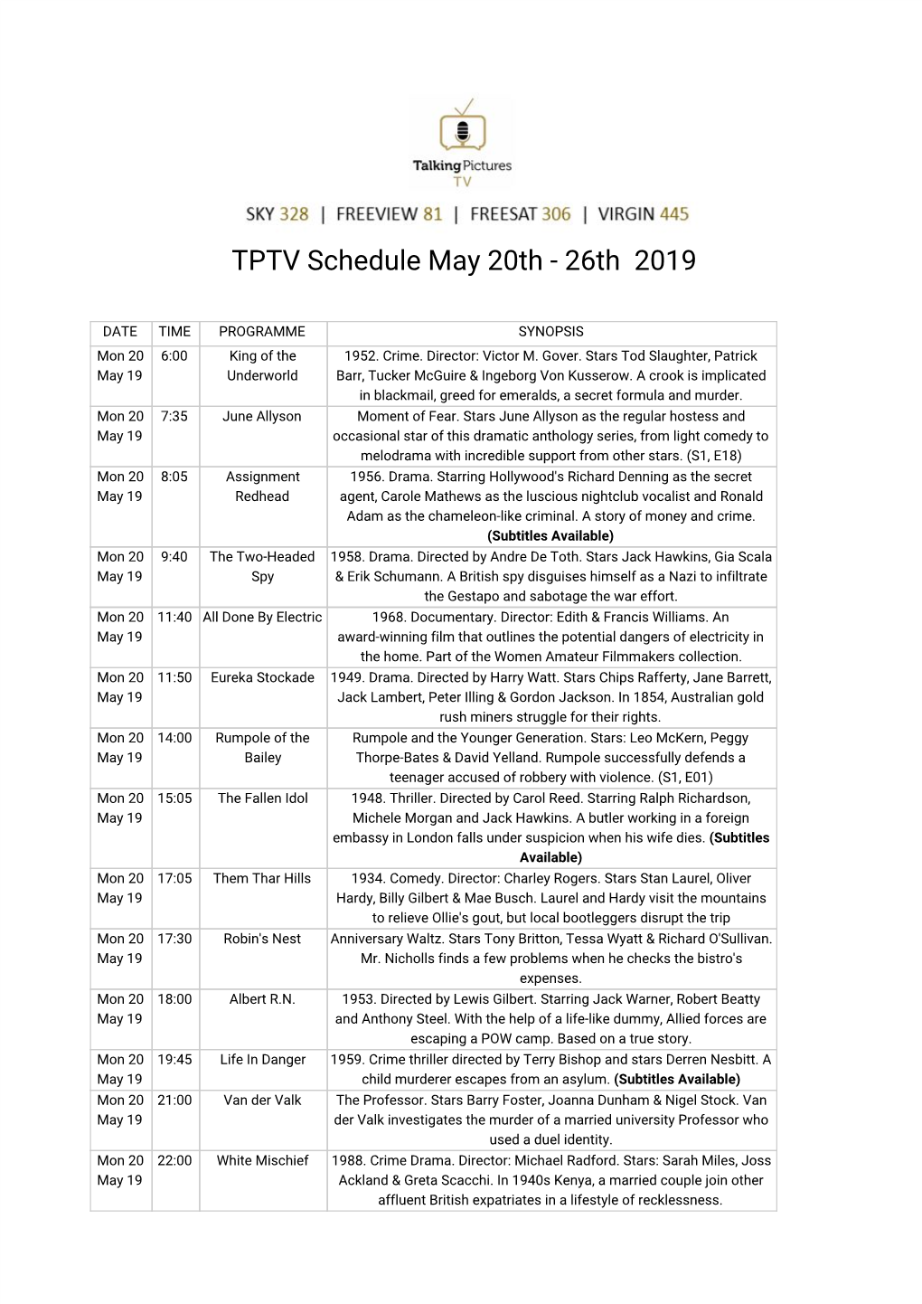TPTV Schedule May 20Th - 26Th 2019