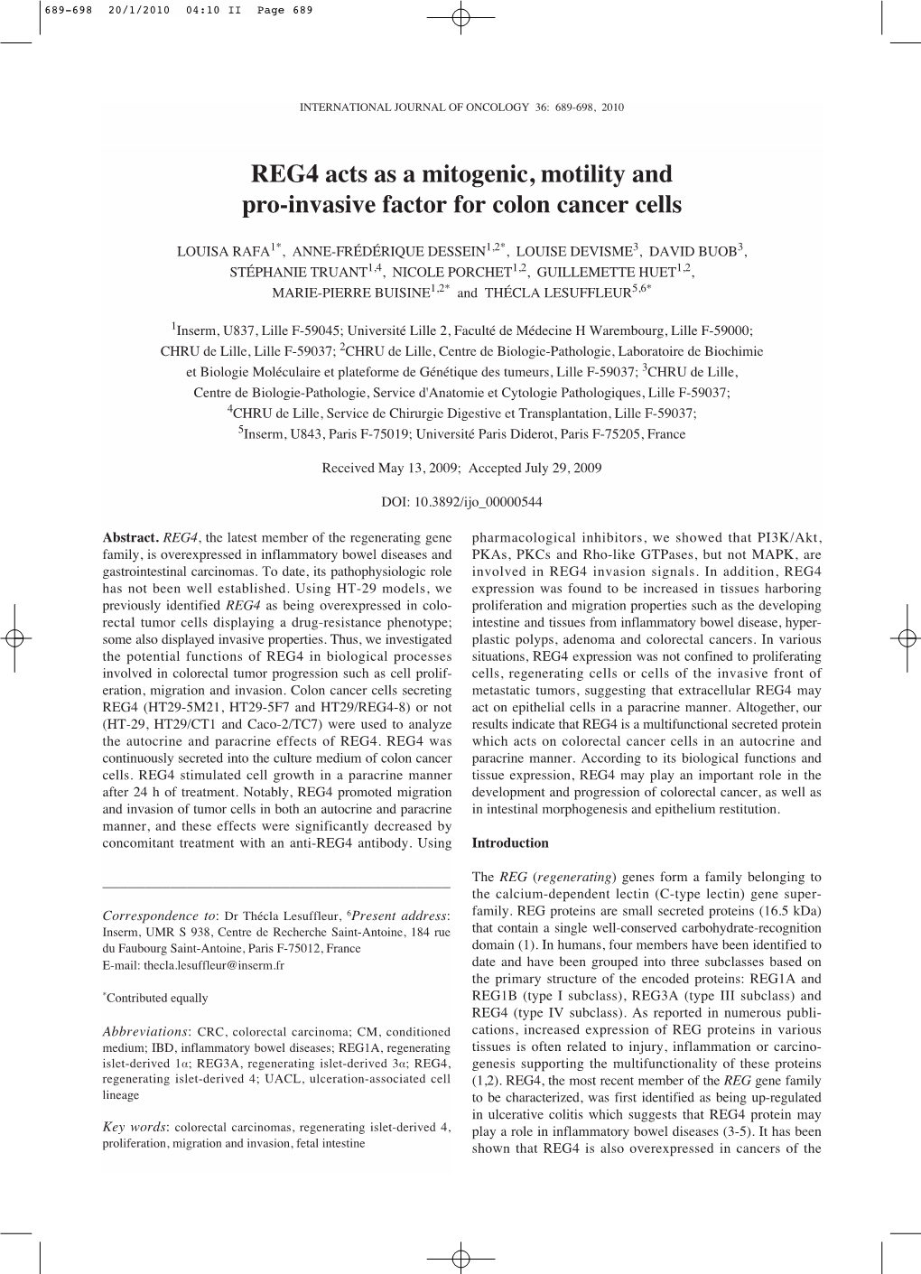 REG4 Acts As a Mitogenic, Motility and Pro-Invasive Factor for Colon Cancer Cells