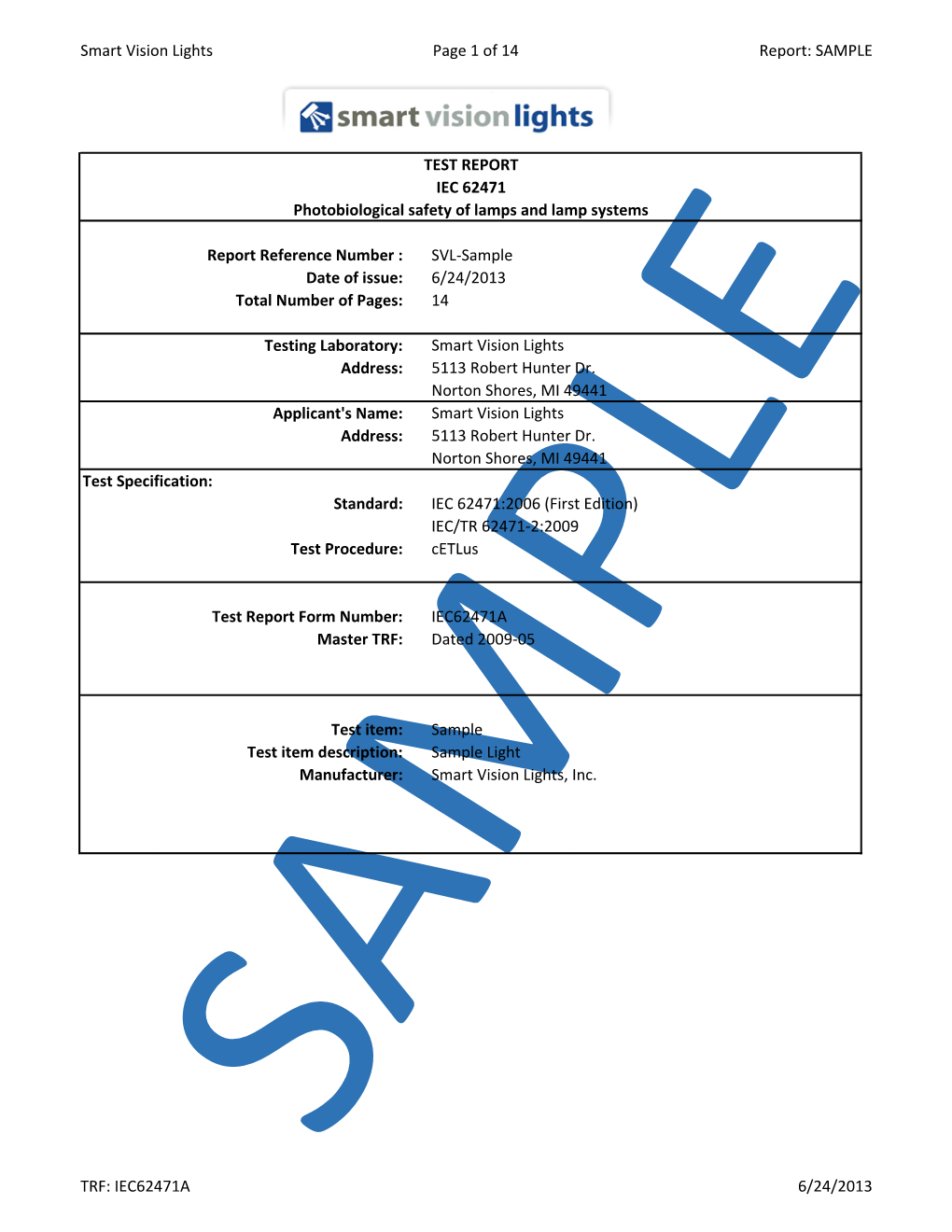 Smart Vision Lights Page 1 of 14 Report: SAMPLE Test Specification