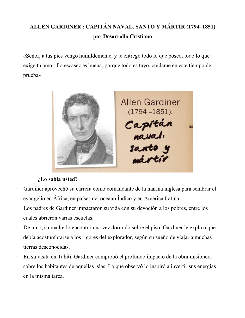 ALLEN GARDINER : CAPITÁN NAVAL, SANTO Y MÁRTIR (1794–1851) Por Desarrollo Cristiano