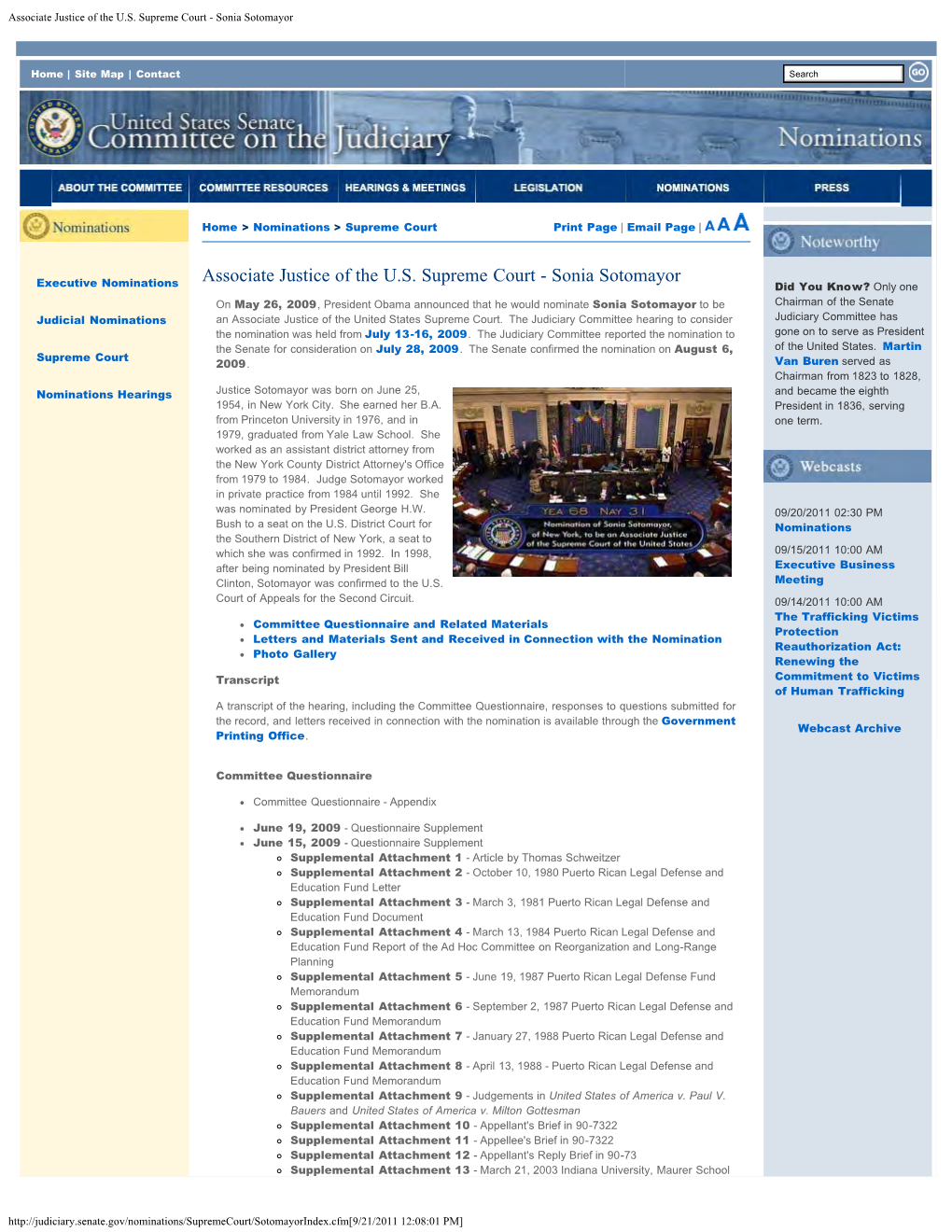 U.S. Senate Confirmation of Judge Sonia Sotomayor