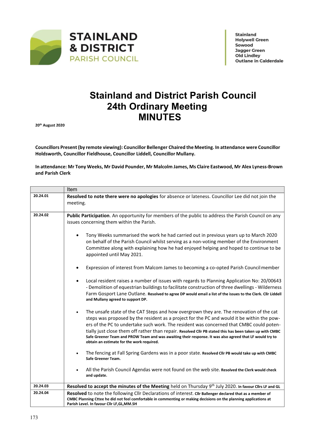 Stainland and District Parish Council 24Th Ordinary Meeting MINUTES