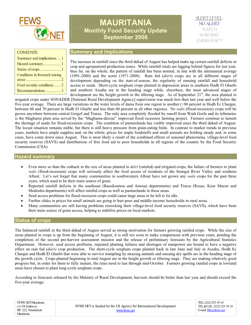 Mauritania Monthly Food Security Update, September 2006