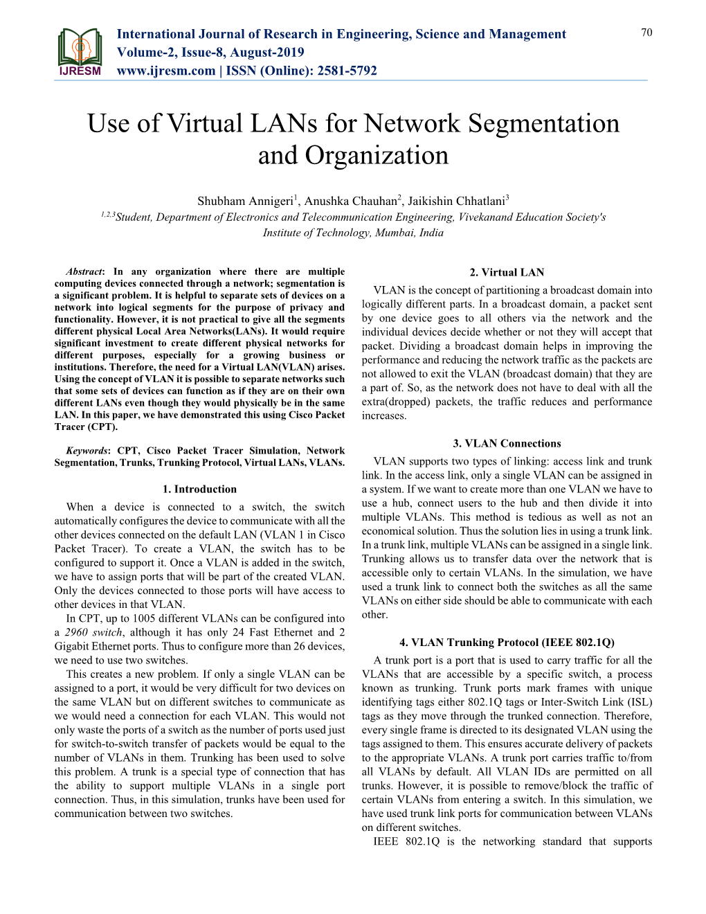Use of Virtual Lans for Network Segmentation and Organization