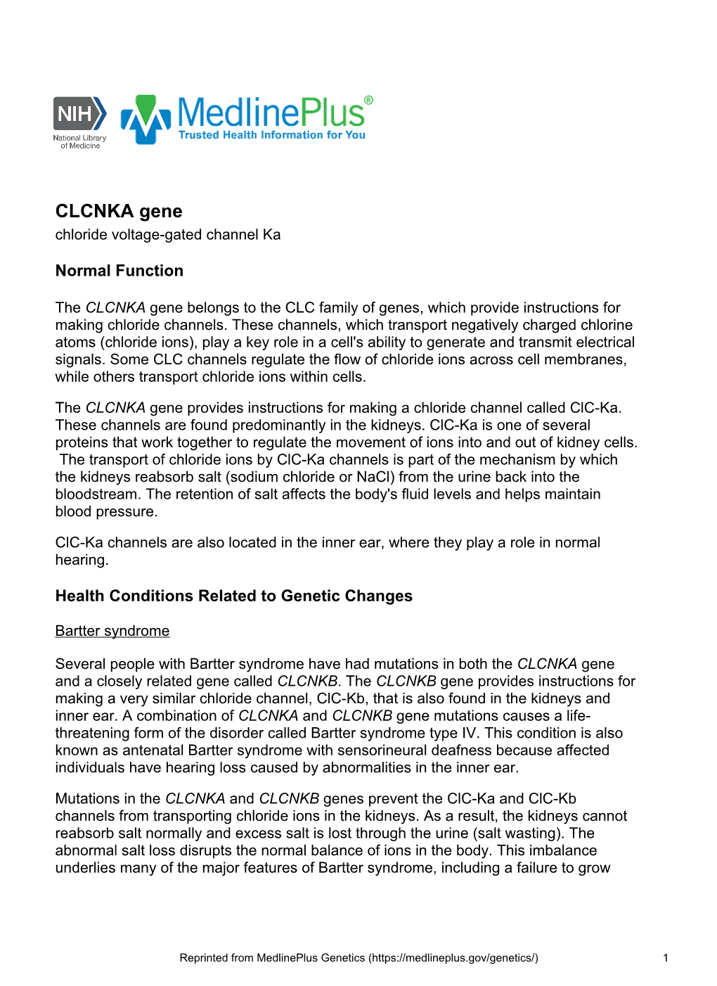 CLCNKA Gene Chloride Voltage-Gated Channel Ka