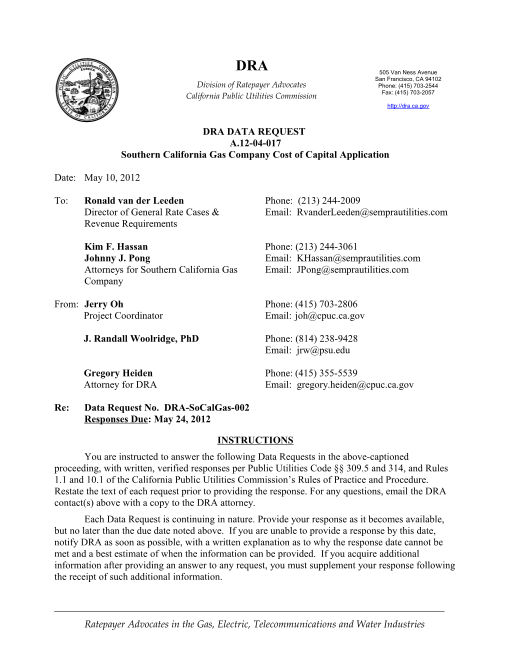 Southern California Gas Company Cost of Capital Application