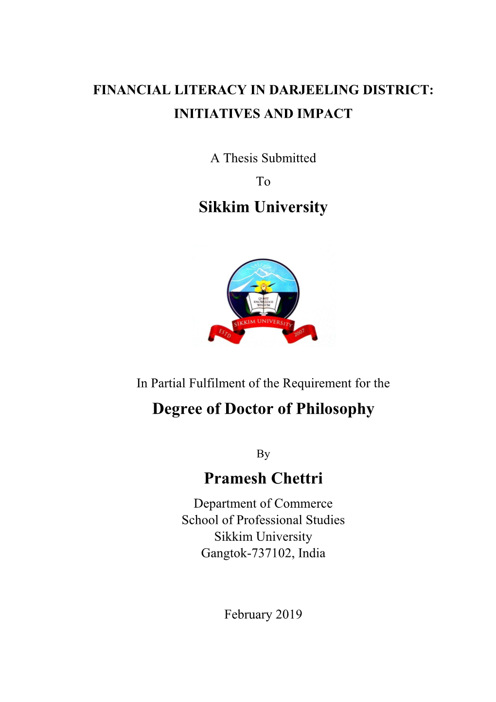 Sikkim University Degree of Doctor of Philosophy Pramesh Chettri