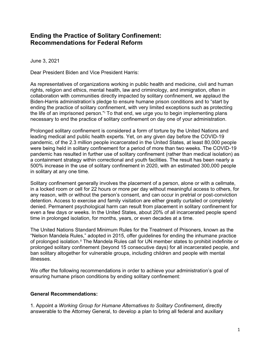 Ending the Practice of Solitary Confinement: Recommendations for Federal Reform