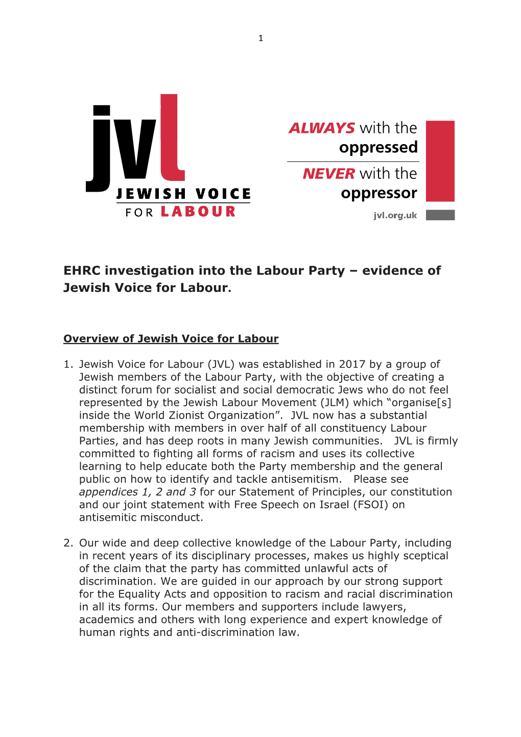 EHRC Investigation Into the Labour Party – Evidence of Jewish Voice for Labour
