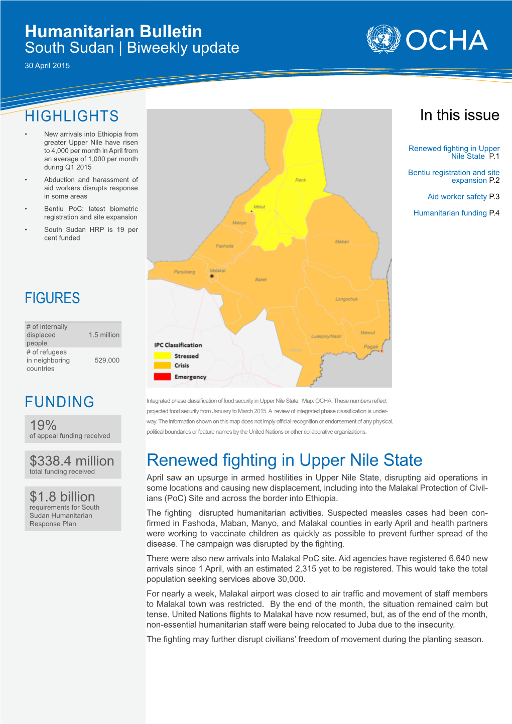 Renewed Fighting in Upper Nile State Humanitarian Bulletin