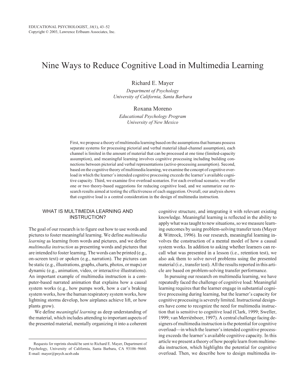 Nine Ways to Reduce Cognitive Load in Multimedia Learning